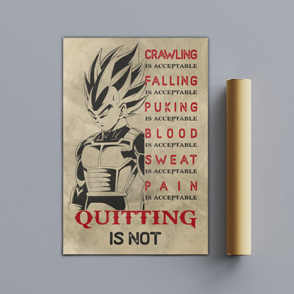 Vegeta Super Saiyan Canvas Wall Art - Dragon Ball Anime Motivational Quote “Quitting Is Not” Print - Ready to Hang Gym Workout Decor - DR014