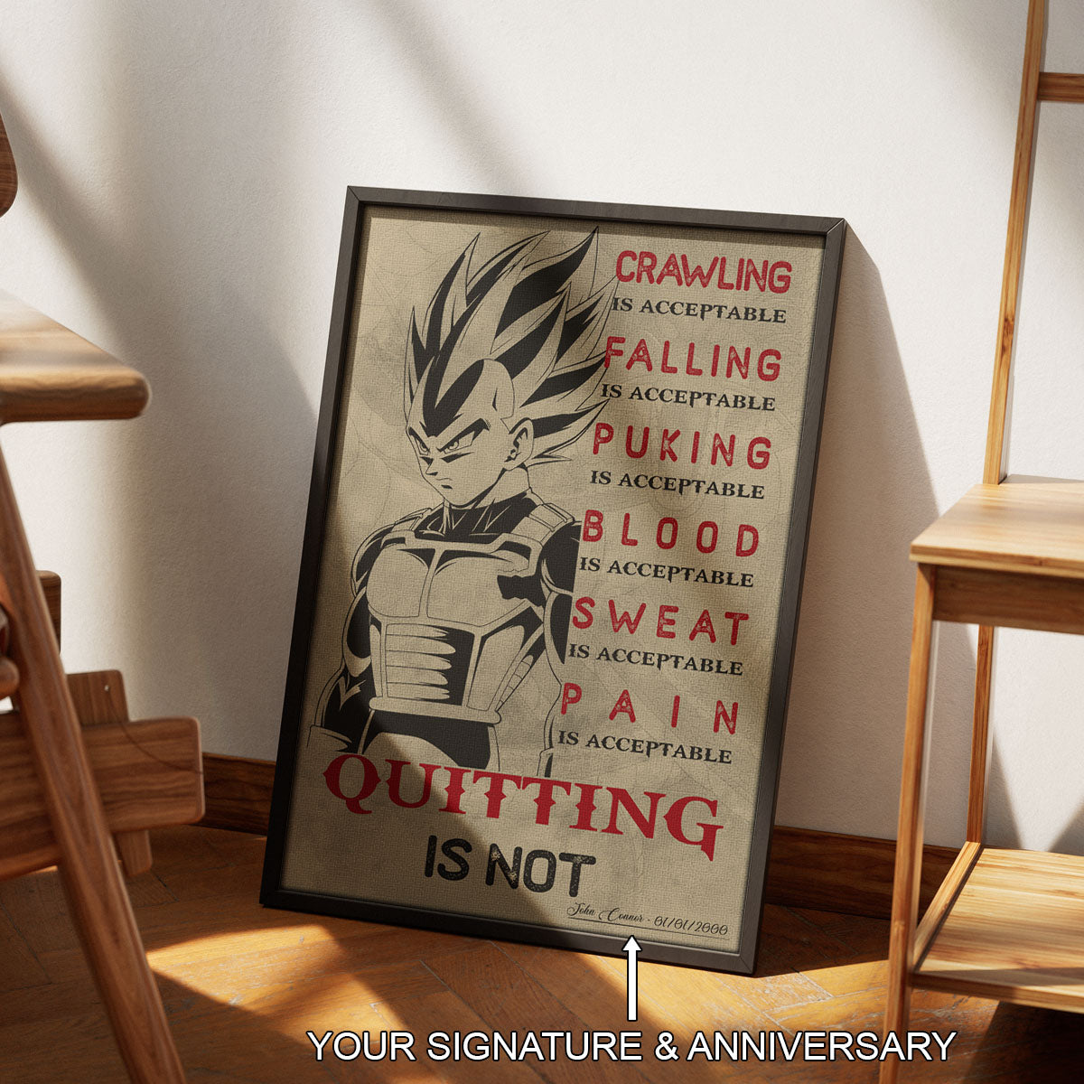 Vegeta Super Saiyan Canvas Wall Art - Dragon Ball Anime Motivational Quote “Quitting Is Not” Print - Ready to Hang Gym Workout Decor - DR014