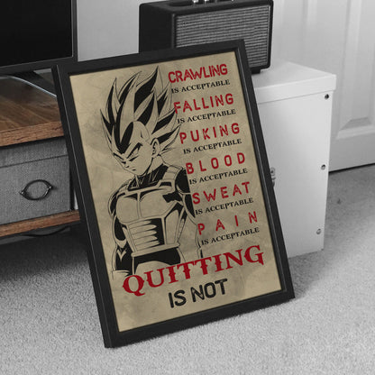 Vegeta Super Saiyan Canvas Wall Art - Dragon Ball Anime Motivational Quote “Quitting Is Not” Print - Ready to Hang Gym Workout Decor - DR014