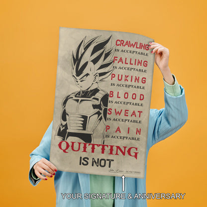 Vegeta Super Saiyan Canvas Wall Art - Dragon Ball Anime Motivational Quote “Quitting Is Not” Print - Ready to Hang Gym Workout Decor - DR014