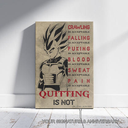 Vegeta Super Saiyan Canvas Wall Art - Dragon Ball Anime Motivational Quote “Quitting Is Not” Print - Ready to Hang Gym Workout Decor - DR014
