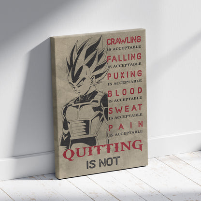 Vegeta Super Saiyan Canvas Wall Art - Dragon Ball Anime Motivational Quote “Quitting Is Not” Print - Ready to Hang Gym Workout Decor - DR014