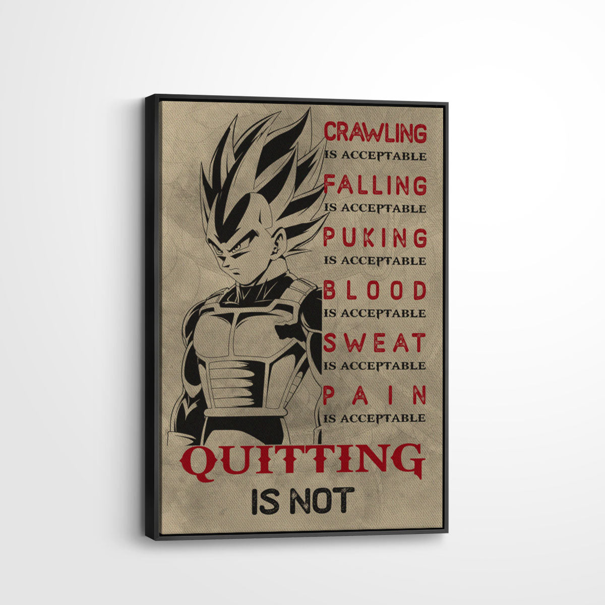 Vegeta Super Saiyan Canvas Wall Art - Dragon Ball Anime Motivational Quote “Quitting Is Not” Print - Ready to Hang Gym Workout Decor - DR014