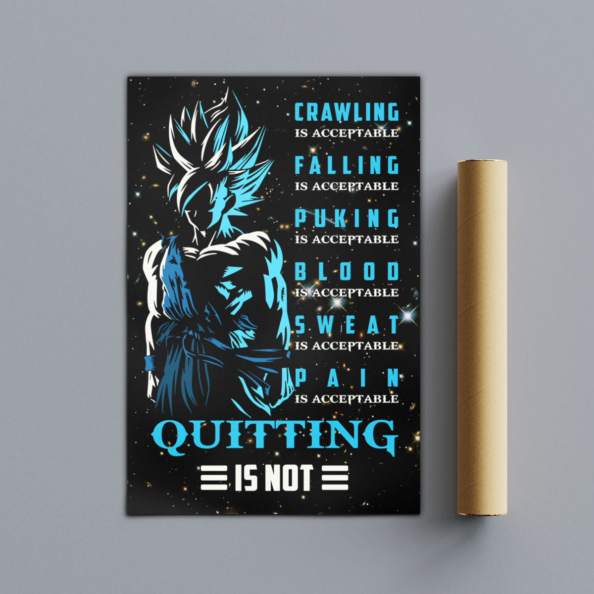 Goku Super Saiyan Blue Canvas Wall Art - Dragon Ball Anime Motivational Quote “Quitting Is Not” Print - Ready to Hang Gym Workout Decor - DR015