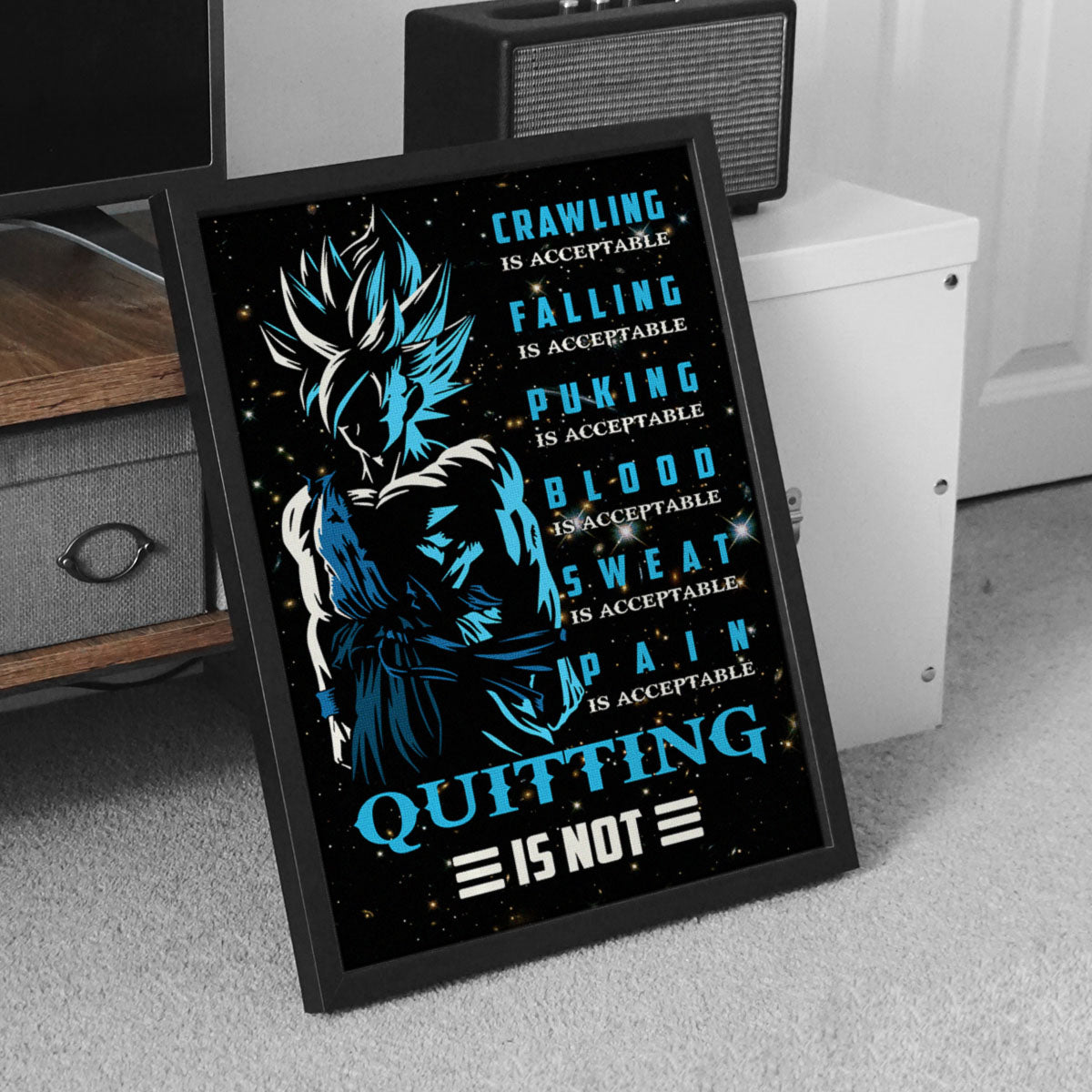 Goku Super Saiyan Blue Canvas Wall Art - Dragon Ball Anime Motivational Quote “Quitting Is Not” Print - Ready to Hang Gym Workout Decor - DR015