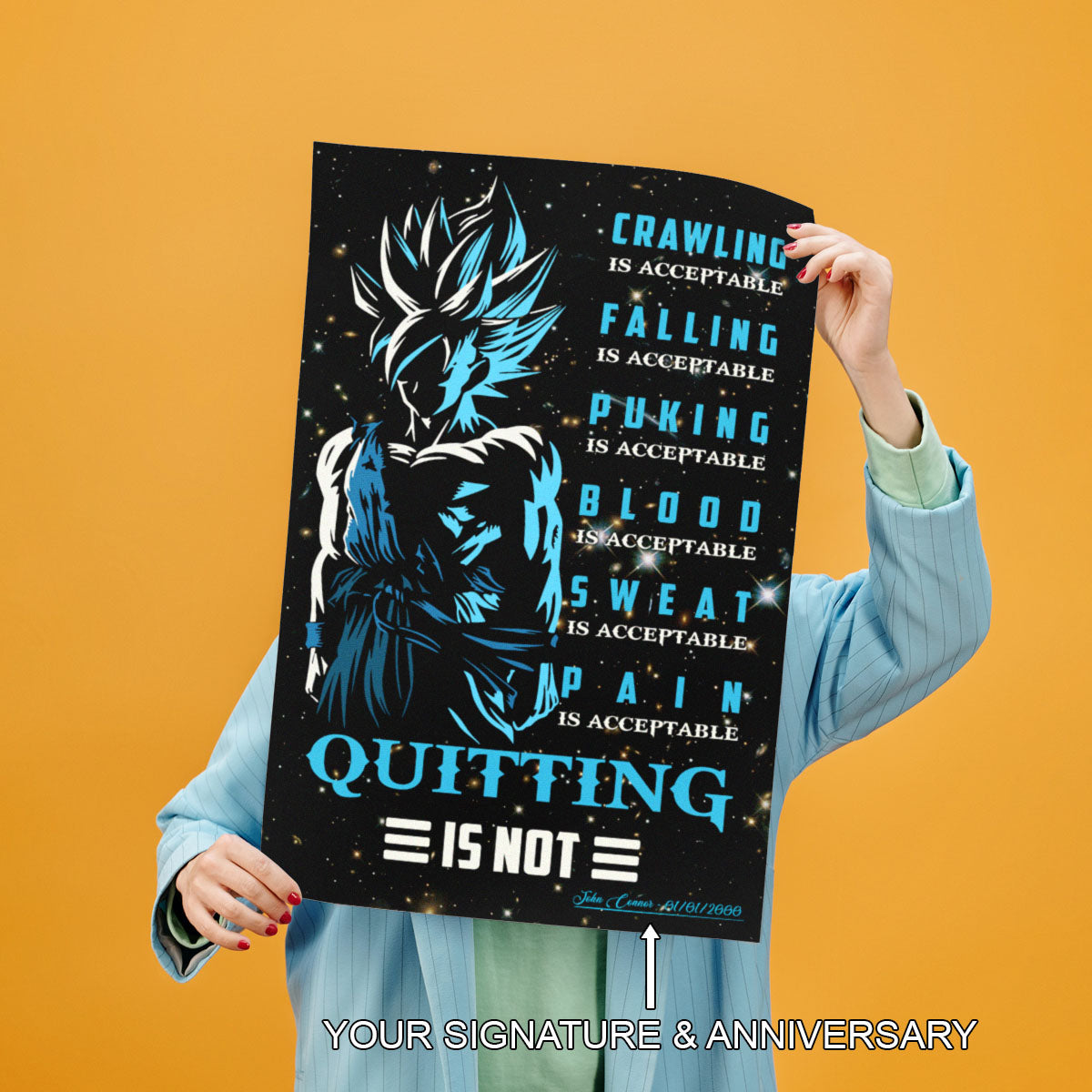 Goku Super Saiyan Blue Canvas Wall Art - Dragon Ball Anime Motivational Quote “Quitting Is Not” Print - Ready to Hang Gym Workout Decor - DR015