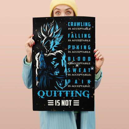 Goku Super Saiyan Blue Canvas Wall Art - Dragon Ball Anime Motivational Quote “Quitting Is Not” Print - Ready to Hang Gym Workout Decor - DR015