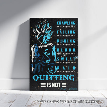 Goku Super Saiyan Blue Canvas Wall Art - Dragon Ball Anime Motivational Quote “Quitting Is Not” Print - Ready to Hang Gym Workout Decor - DR015
