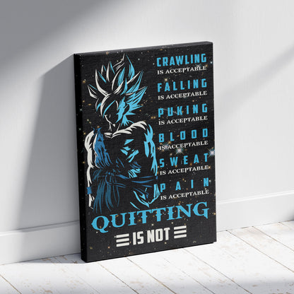 Goku Super Saiyan Blue Canvas Wall Art - Dragon Ball Anime Motivational Quote “Quitting Is Not” Print - Ready to Hang Gym Workout Decor - DR015