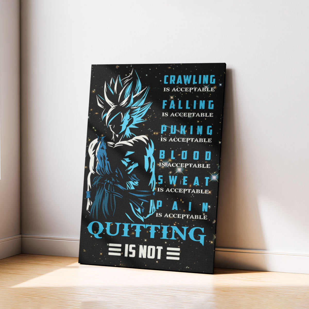 Goku Super Saiyan Blue Canvas Wall Art - Dragon Ball Anime Motivational Quote “Quitting Is Not” Print - Ready to Hang Gym Workout Decor - DR015