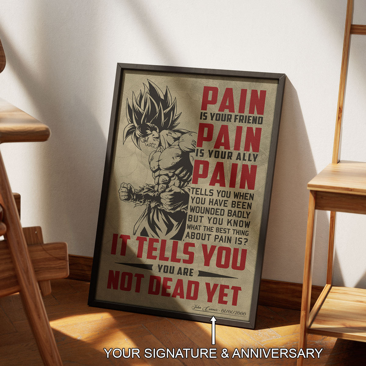 Goku Super Saiyan Canvas Wall Art - Dragon Ball Z Motivational "Pain" Print - Ready to Hang Home Office Decor - DR018