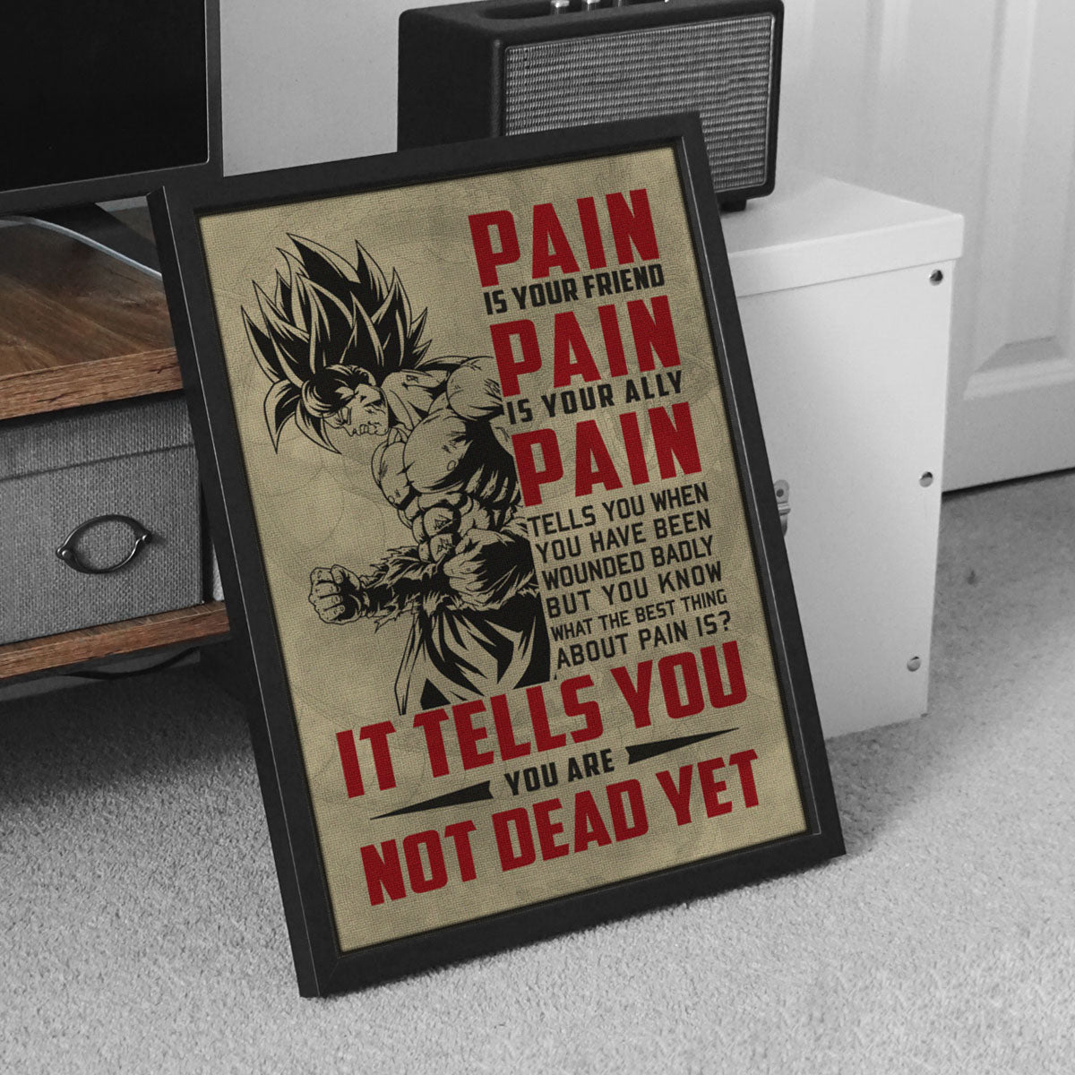 Goku Super Saiyan Canvas Wall Art - Dragon Ball Z Motivational "Pain" Print - Ready to Hang Home Office Decor - DR018