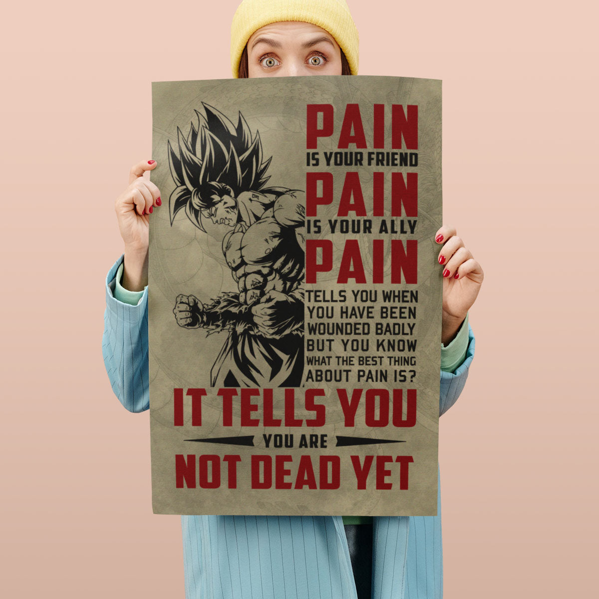 Goku Super Saiyan Canvas Wall Art - Dragon Ball Z Motivational "Pain" Print - Ready to Hang Home Office Decor - DR018