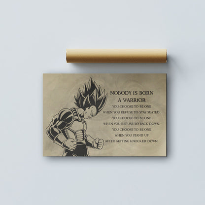 Dragon Ball Z Super Saiyan Vegeta Canvas Wall Art - Nobody Is Born A Warrior - DBZ Motivational Quote Print - Ready to Hang Anime Decor for Boys Room, Man Cave - DR019