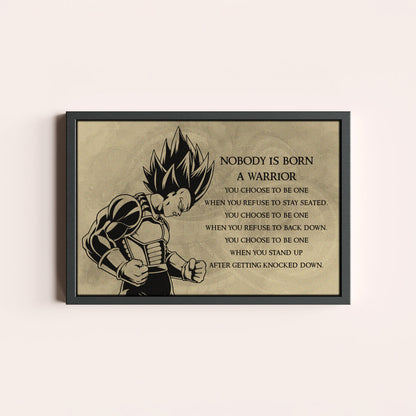 Dragon Ball Z Super Saiyan Vegeta Canvas Wall Art - Nobody Is Born A Warrior - DBZ Motivational Quote Print - Ready to Hang Anime Decor for Boys Room, Man Cave - DR019