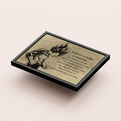 Dragon Ball Z Super Saiyan Vegeta Canvas Wall Art - Nobody Is Born A Warrior - DBZ Motivational Quote Print - Ready to Hang Anime Decor for Boys Room, Man Cave - DR019