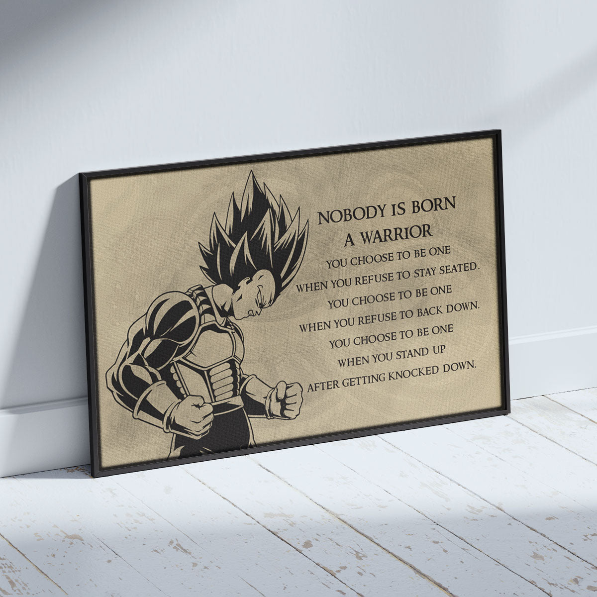 Dragon Ball Z Super Saiyan Vegeta Canvas Wall Art - Nobody Is Born A Warrior - DBZ Motivational Quote Print - Ready to Hang Anime Decor for Boys Room, Man Cave - DR019