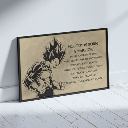 Dragon Ball Z Super Saiyan Vegeta Canvas Wall Art - Nobody Is Born A Warrior - DBZ Motivational Quote Print - Ready to Hang Anime Decor for Boys Room, Man Cave - DR019