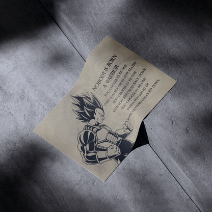 Dragon Ball Z Super Saiyan Vegeta Canvas Wall Art - Nobody Is Born A Warrior - DBZ Motivational Quote Print - Ready to Hang Anime Decor for Boys Room, Man Cave - DR019