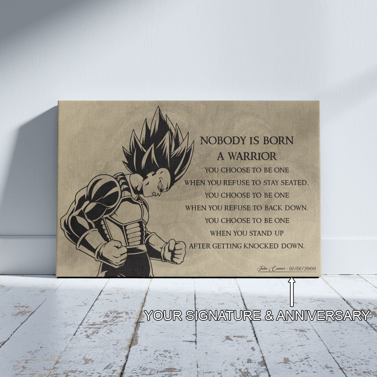 Dragon Ball Z Super Saiyan Vegeta Canvas Wall Art - Nobody Is Born A Warrior - DBZ Motivational Quote Print - Ready to Hang Anime Decor for Boys Room, Man Cave - DR019