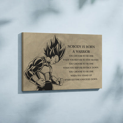 Dragon Ball Z Super Saiyan Vegeta Canvas Wall Art - Nobody Is Born A Warrior - DBZ Motivational Quote Print - Ready to Hang Anime Decor for Boys Room, Man Cave - DR019