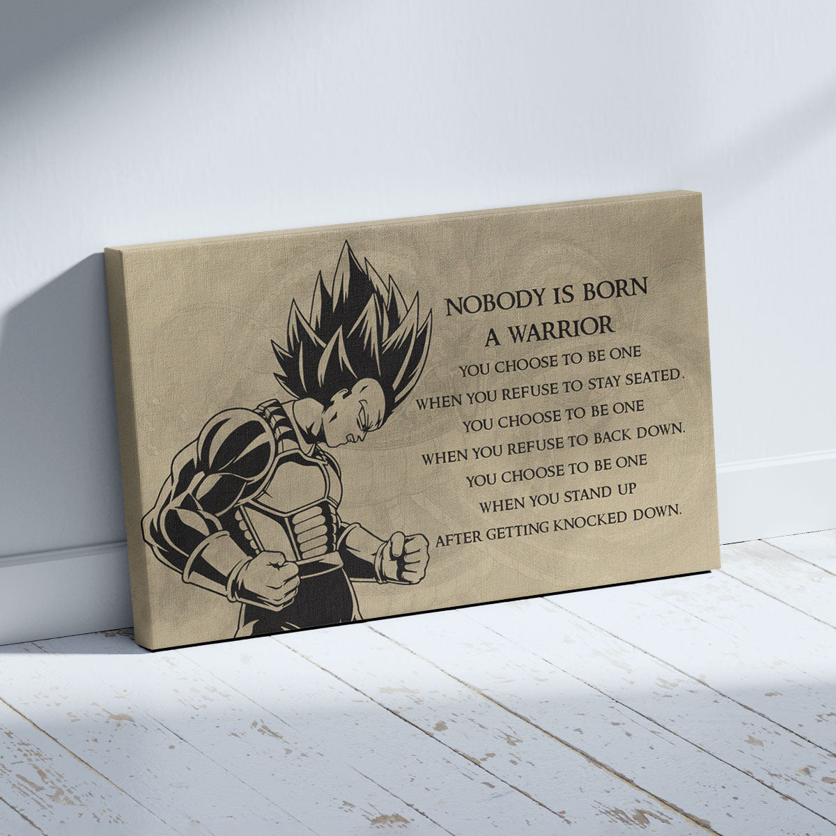 Dragon Ball Z Super Saiyan Vegeta Canvas Wall Art - Nobody Is Born A Warrior - DBZ Motivational Quote Print - Ready to Hang Anime Decor for Boys Room, Man Cave - DR019