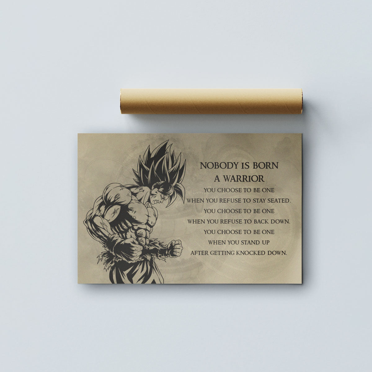 Dragon Ball Z Super Saiyan Goku Canvas Wall Art - Nobody Is Born A Warrior - DBZ Motivational Quote Print - Ready to Hang Home Office Decor - DR020