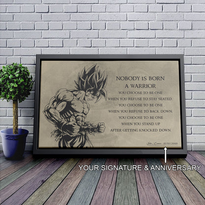 Dragon Ball Z Super Saiyan Goku Canvas Wall Art - Nobody Is Born A Warrior - DBZ Motivational Quote Print - Ready to Hang Home Office Decor - DR020