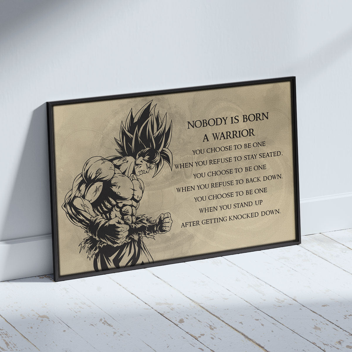 Dragon Ball Z Super Saiyan Goku Canvas Wall Art - Nobody Is Born A Warrior - DBZ Motivational Quote Print - Ready to Hang Home Office Decor - DR020
