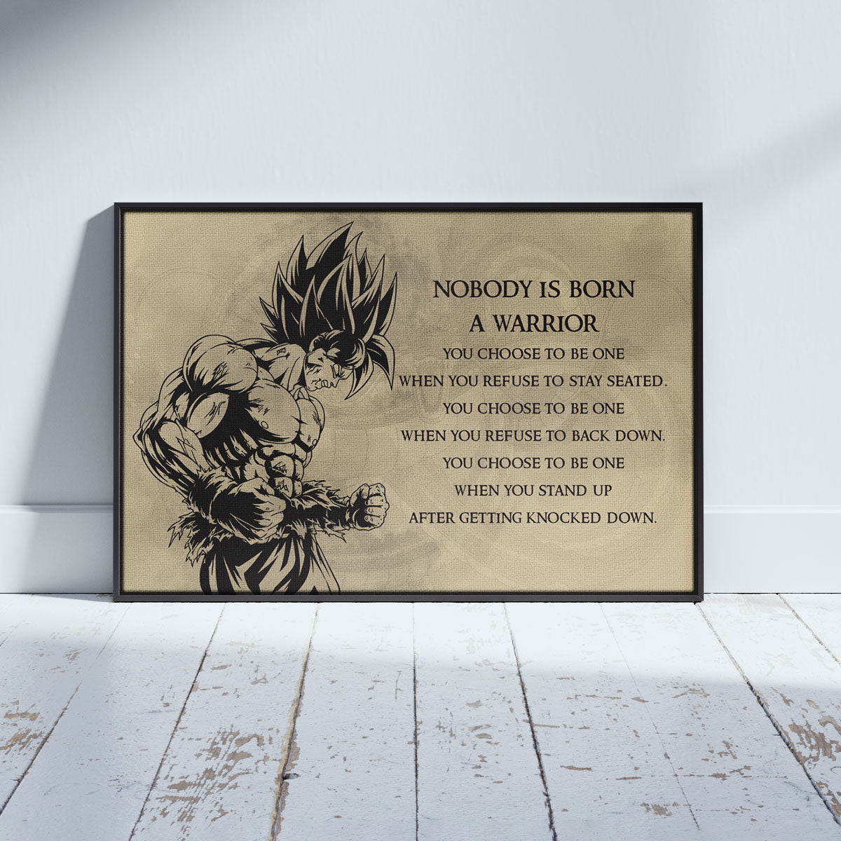 Dragon Ball Z Super Saiyan Goku Canvas Wall Art - Nobody Is Born A Warrior - DBZ Motivational Quote Print - Ready to Hang Home Office Decor - DR020