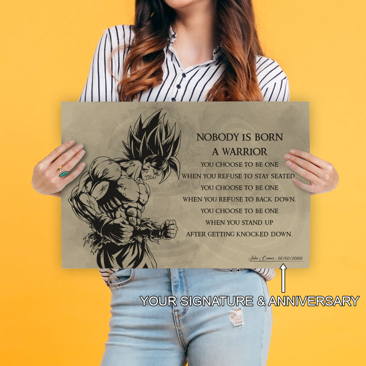 Dragon Ball Z Super Saiyan Goku Canvas Wall Art - Nobody Is Born A Warrior - DBZ Motivational Quote Print - Ready to Hang Home Office Decor - DR020