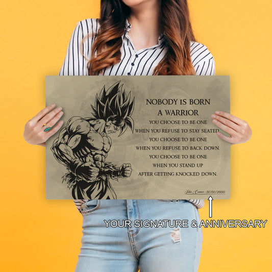 Dragon Ball Z Super Saiyan Goku Canvas Wall Art - Nobody Is Born A Warrior - DBZ Motivational Quote Print - Ready to Hang Home Office Decor - DR020