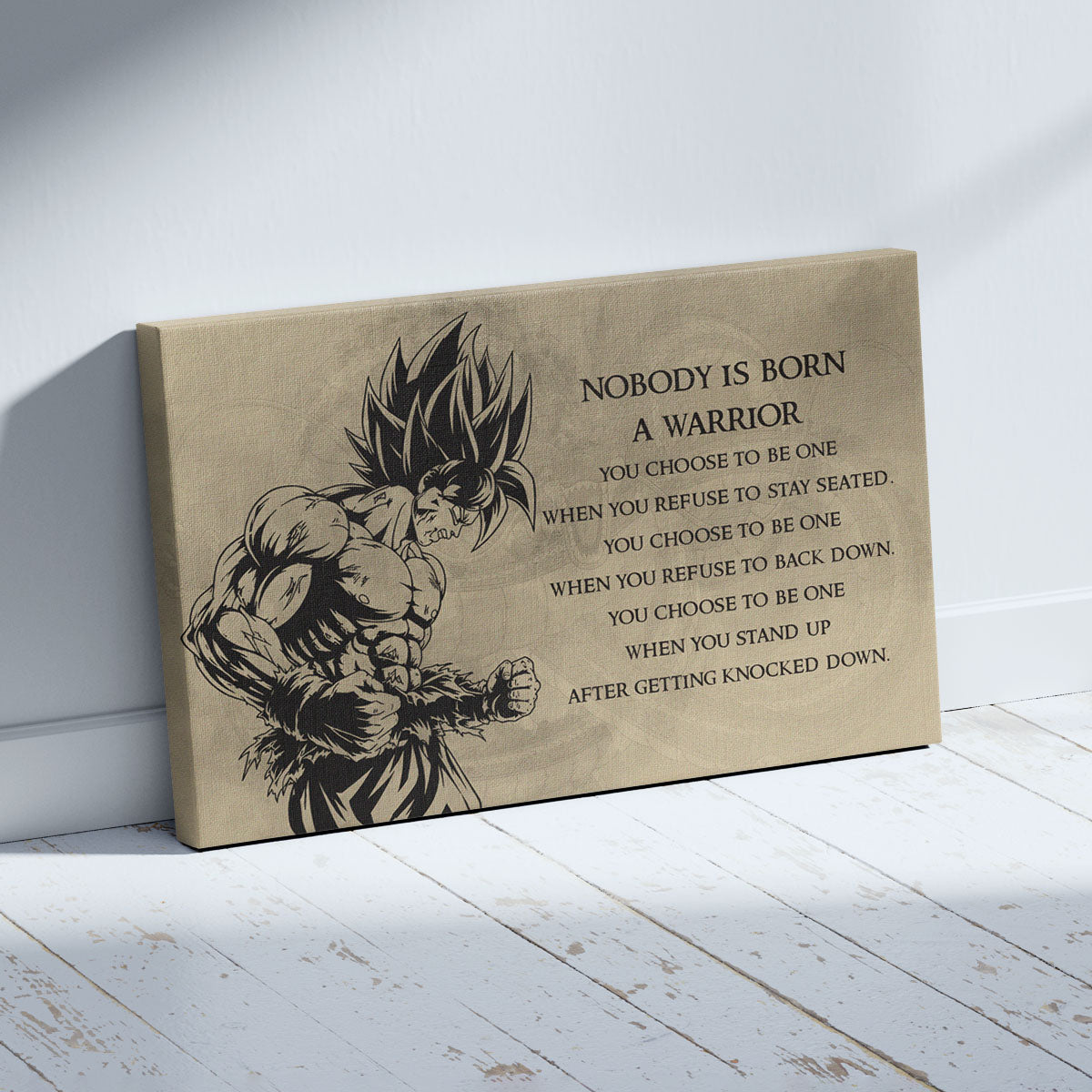 Dragon Ball Z Super Saiyan Goku Canvas Wall Art - Nobody Is Born A Warrior - DBZ Motivational Quote Print - Ready to Hang Home Office Decor - DR020