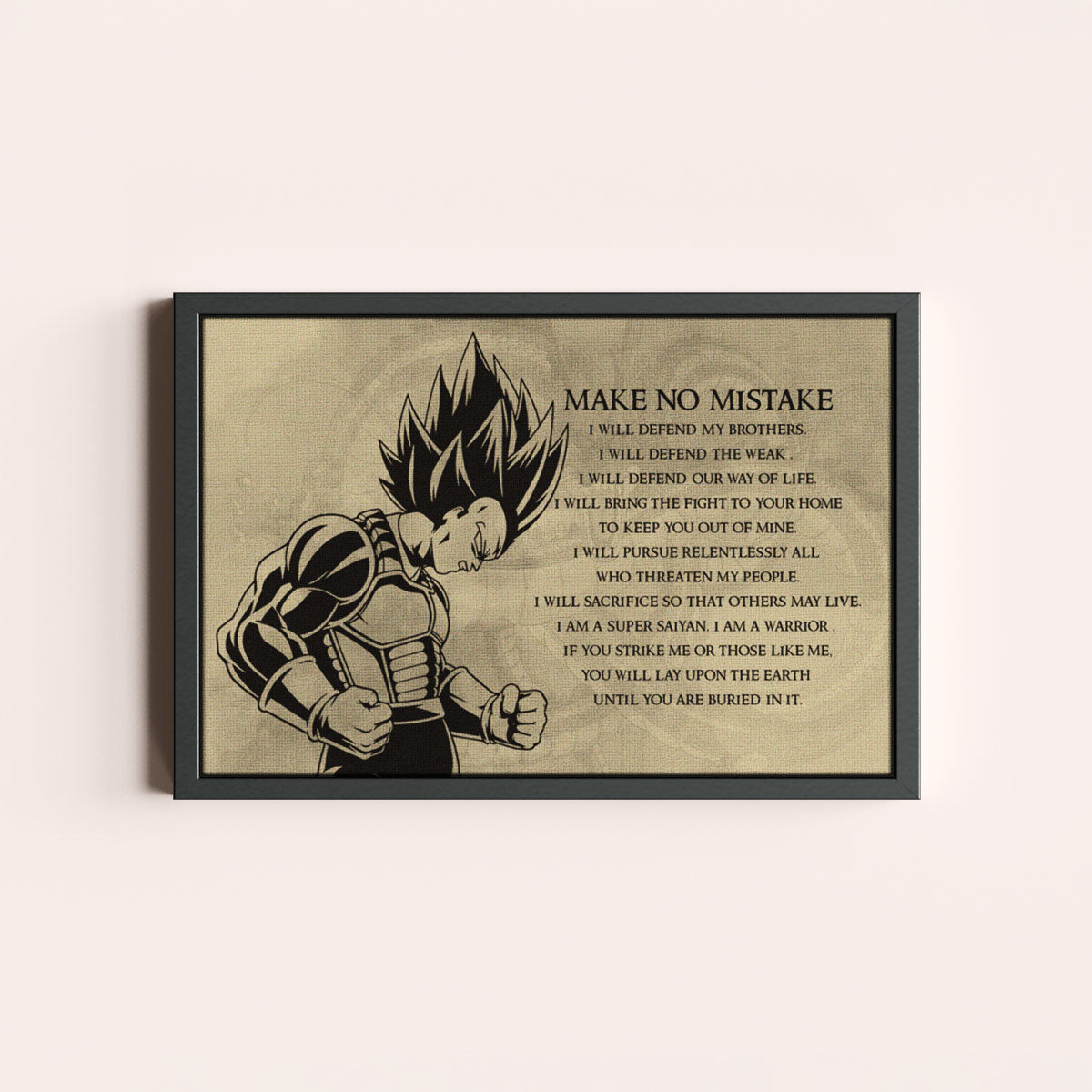 Dragon Ball Z Super Saiyan Vegeta Canvas Wall Art - Make No Mistake - Motivational Quote Print - Ready to Hang Anime Decor for Boys Room, Man Cave - DR026