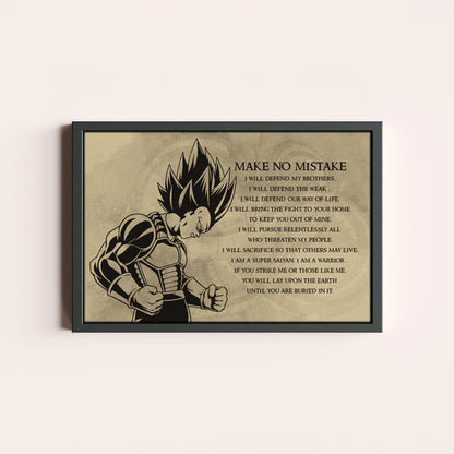 Dragon Ball Z Super Saiyan Vegeta Canvas Wall Art - Make No Mistake - Motivational Quote Print - Ready to Hang Anime Decor for Boys Room, Man Cave - DR026