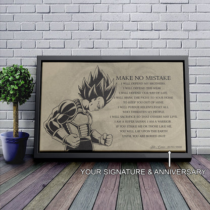 Dragon Ball Z Super Saiyan Vegeta Canvas Wall Art - Make No Mistake - Motivational Quote Print - Ready to Hang Anime Decor for Boys Room, Man Cave - DR026