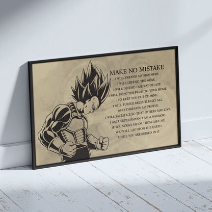 Dragon Ball Z Super Saiyan Vegeta Canvas Wall Art - Make No Mistake - Motivational Quote Print - Ready to Hang Anime Decor for Boys Room, Man Cave - DR026