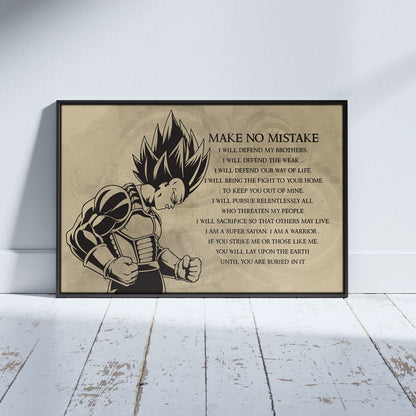 Dragon Ball Z Super Saiyan Vegeta Canvas Wall Art - Make No Mistake - Motivational Quote Print - Ready to Hang Anime Decor for Boys Room, Man Cave - DR026