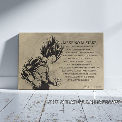 Dragon Ball Z Super Saiyan Vegeta Canvas Wall Art - Make No Mistake - Motivational Quote Print - Ready to Hang Anime Decor for Boys Room, Man Cave - DR026