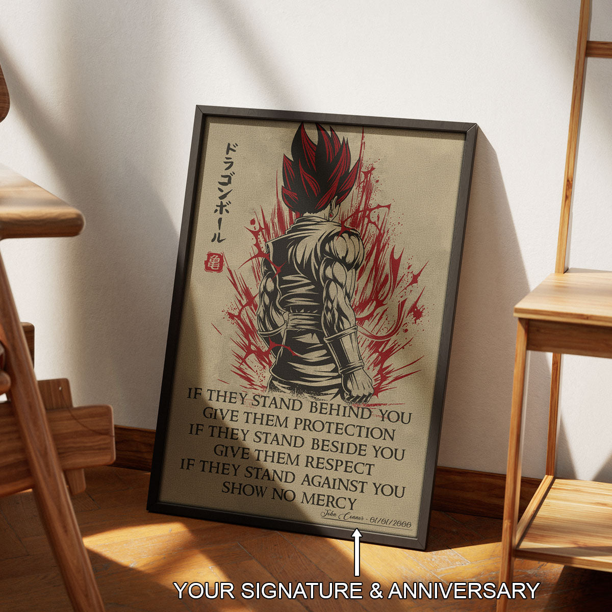 Vegito Super Saiyan God Dragon Ball Canvas Wall Art - Show No Mercy - Motivational Quote Print - Office Living Room Decor, Framed Ready to Hang - DR029
