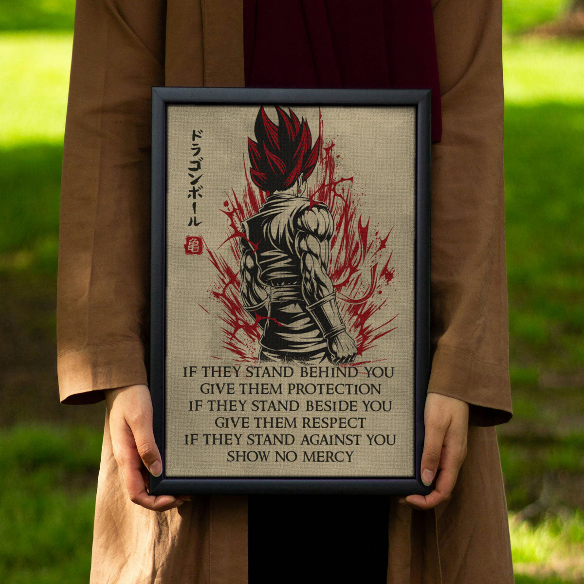 Vegito Super Saiyan God Dragon Ball Canvas Wall Art - Show No Mercy - Motivational Quote Print - Office Living Room Decor, Framed Ready to Hang - DR029