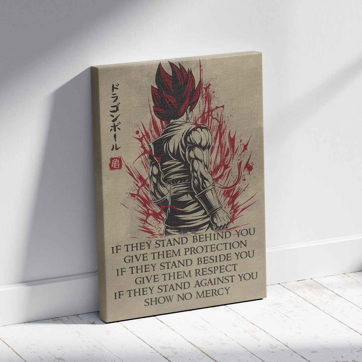 Vegito Super Saiyan God Dragon Ball Canvas Wall Art - Show No Mercy - Motivational Quote Print - Office Living Room Decor, Framed Ready to Hang - DR029
