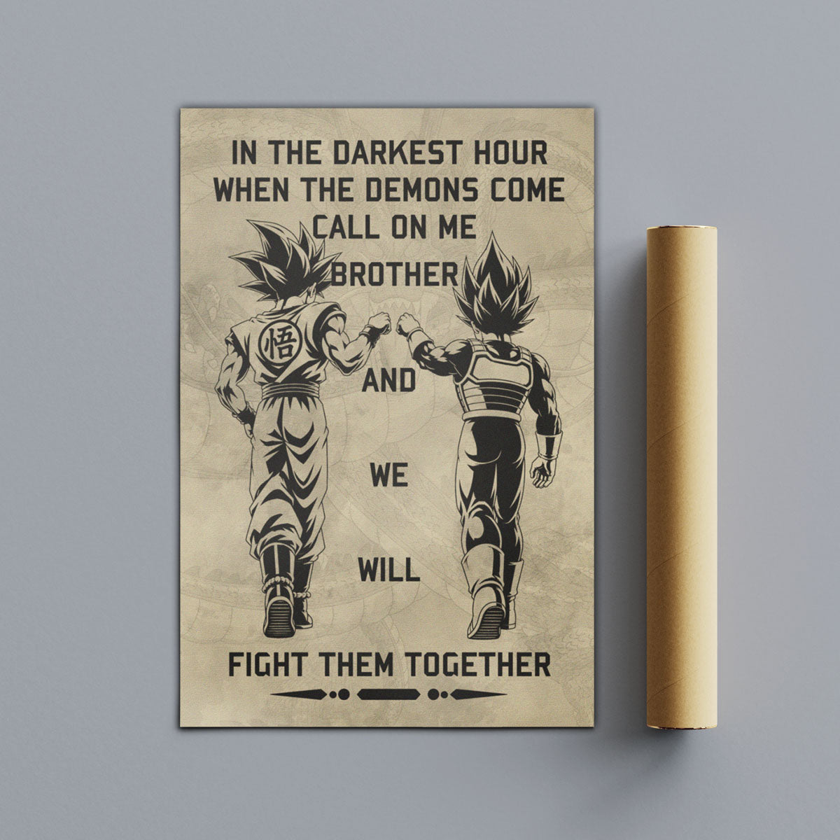 Dragon Ball Super Saiyan Blue Goku & Ultra Ego Vegeta Canvas Wall Art - Motivational Quote “Brother” - Ready to Hang Home Office Decor - DR040
