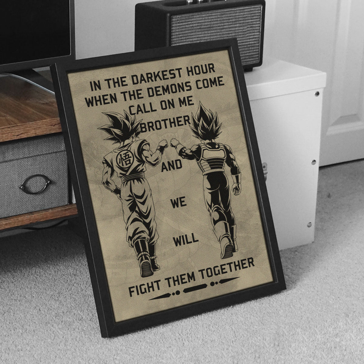 Dragon Ball Super Saiyan Blue Goku & Ultra Ego Vegeta Canvas Wall Art - Motivational Quote “Brother” - Ready to Hang Home Office Decor - DR040