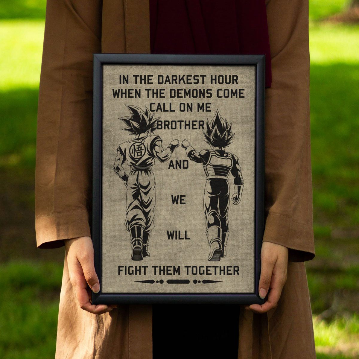 Dragon Ball Super Saiyan Blue Goku & Ultra Ego Vegeta Canvas Wall Art - Motivational Quote “Brother” - Ready to Hang Home Office Decor - DR040