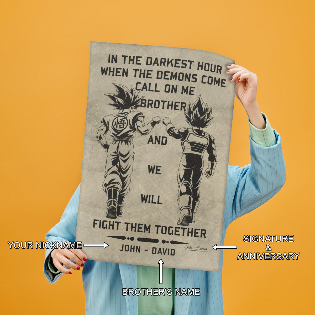 Dragon Ball Super Saiyan Blue Goku & Ultra Ego Vegeta Canvas Wall Art - Motivational Quote “Brother” - Ready to Hang Home Office Decor - DR040