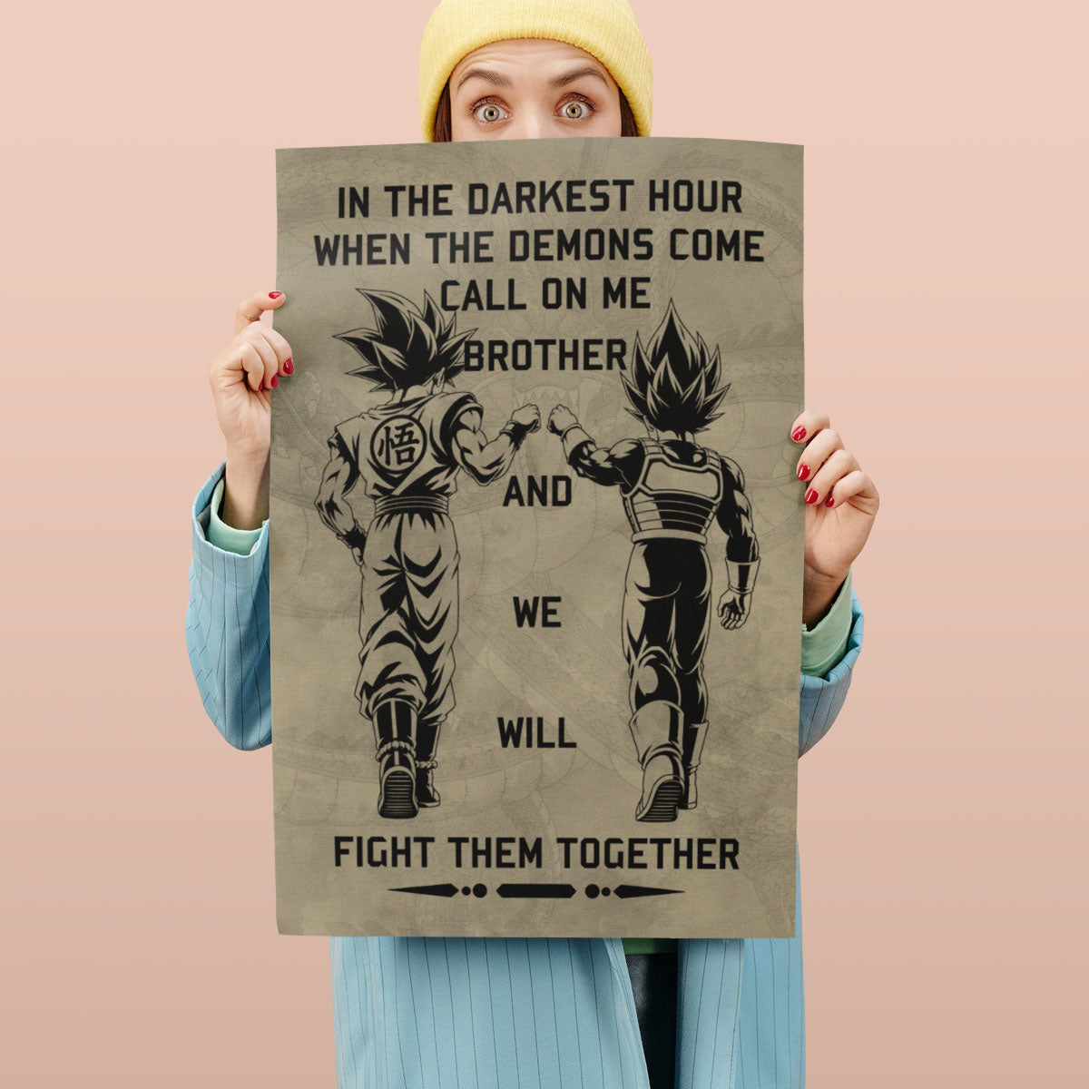 Dragon Ball Super Saiyan Blue Goku & Ultra Ego Vegeta Canvas Wall Art - Motivational Quote “Brother” - Ready to Hang Home Office Decor - DR040
