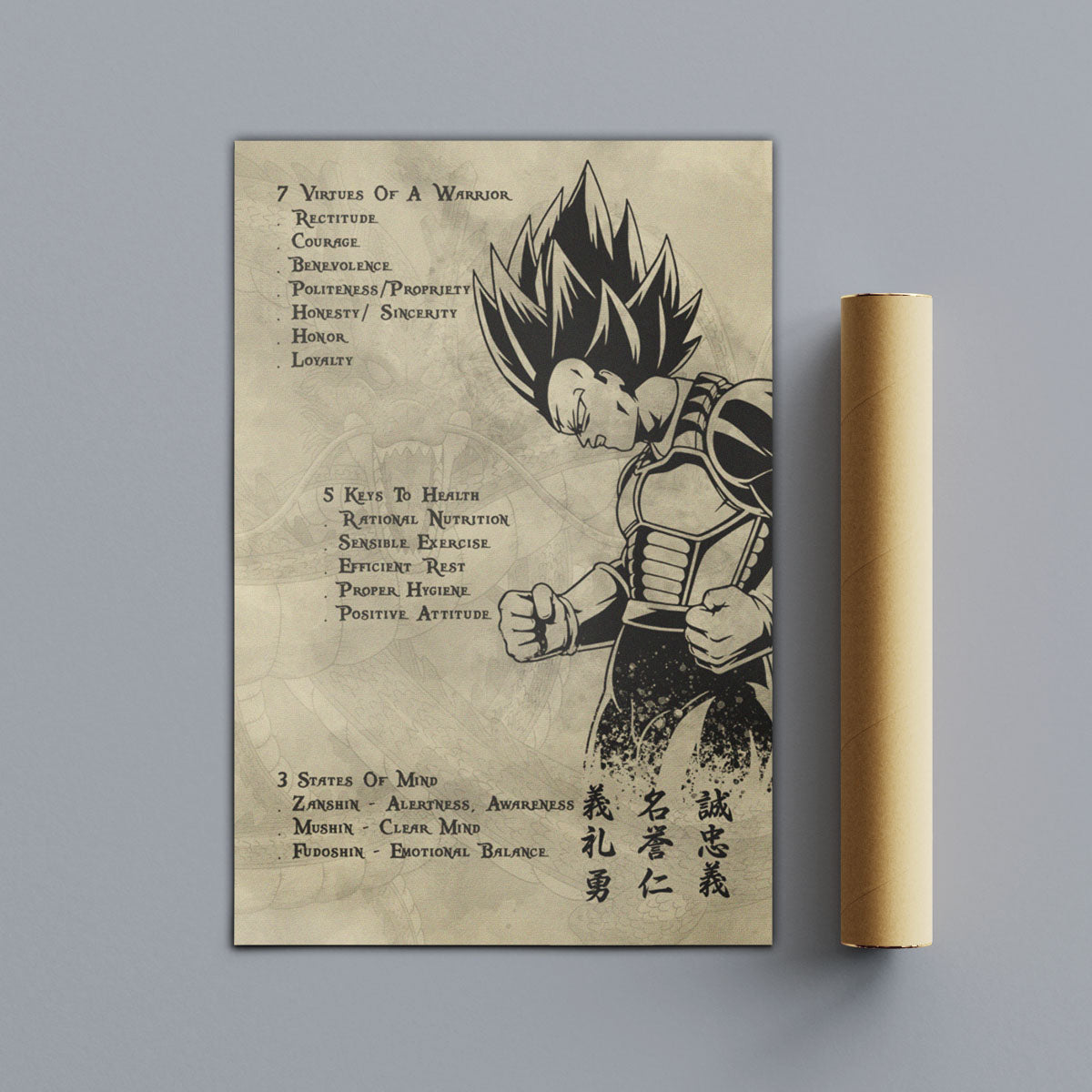 Vegeta Dragon Ball Z Motivational Canvas Wall Art - 7 Virtues of a Warrior & 5 Keys to Health - Anime Poster Room Decor - DR043
