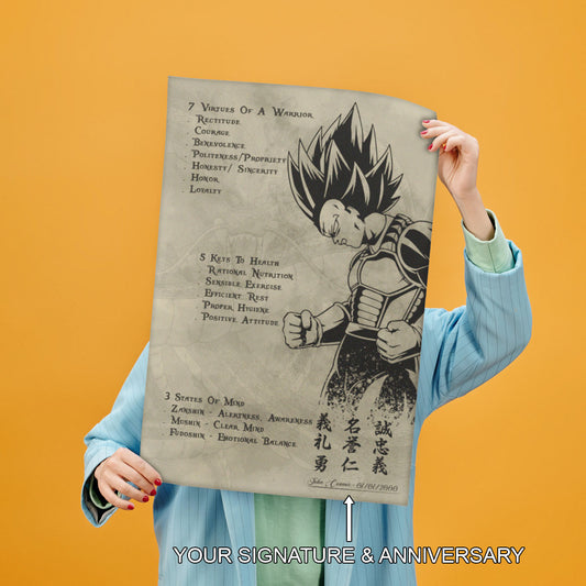 Vegeta Dragon Ball Z Motivational Canvas Wall Art - 7 Virtues of a Warrior & 5 Keys to Health - Anime Poster Room Decor - DR043