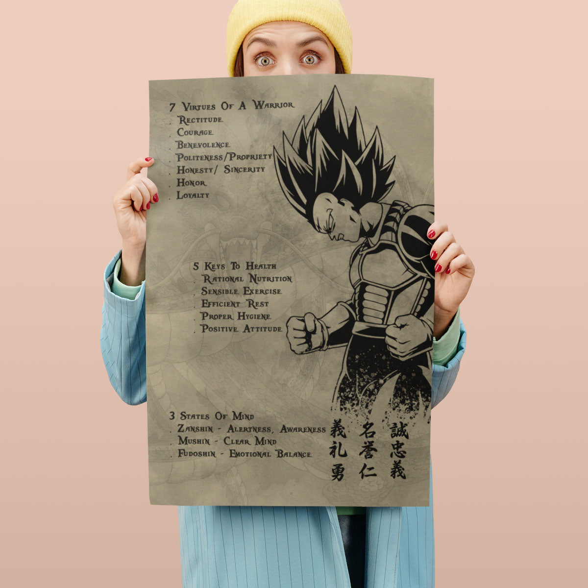 Vegeta Dragon Ball Z Motivational Canvas Wall Art - 7 Virtues of a Warrior & 5 Keys to Health - Anime Poster Room Decor - DR043
